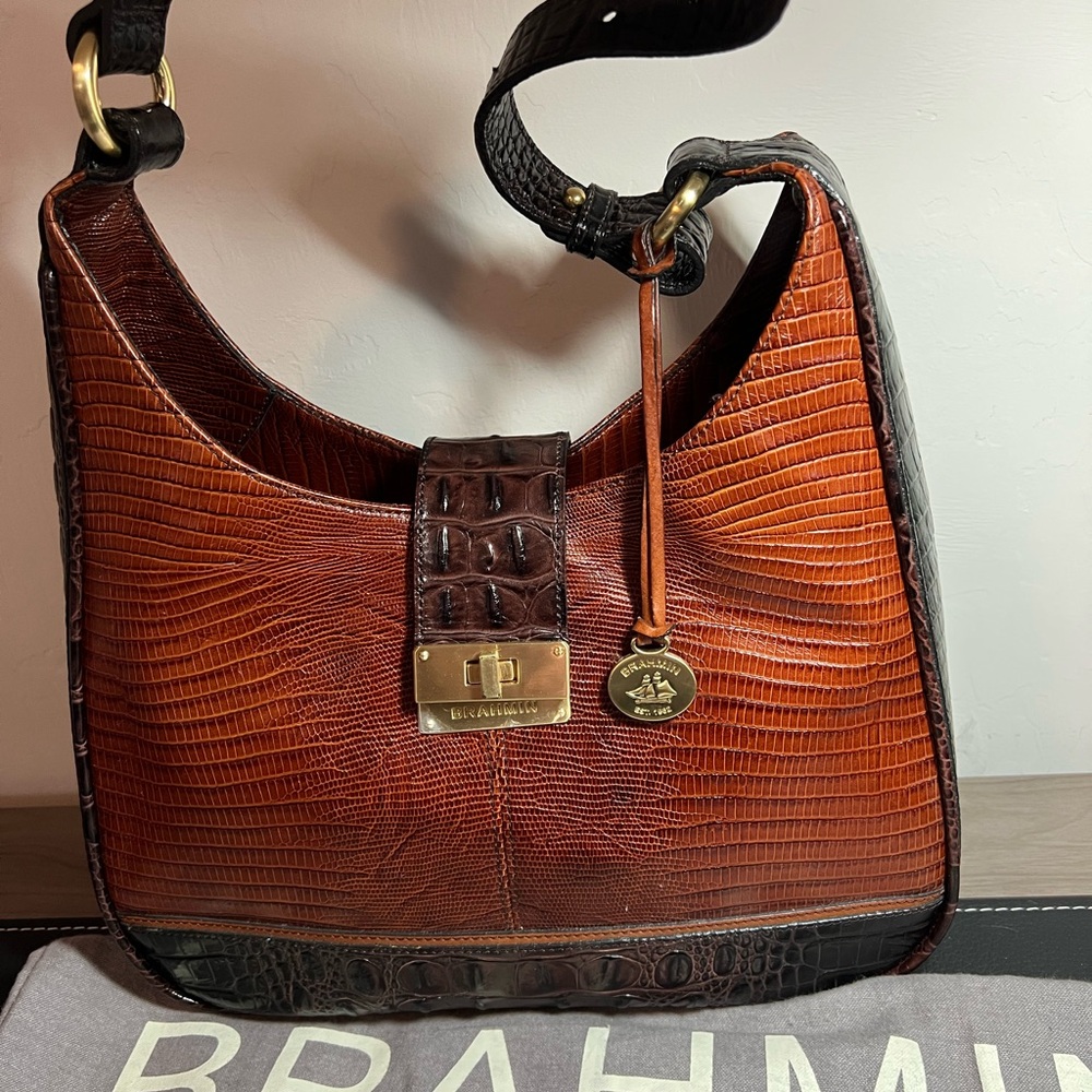 Brahmin Brown and Black Satchel with Textured Leather and Gold Hardware